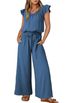 Women's Clothing Women's Pleated Square Neck Jumpsuit Sleeveless Ruffle Sleeves Pockets Solid Color Style Spring Summer_ecoleips.com