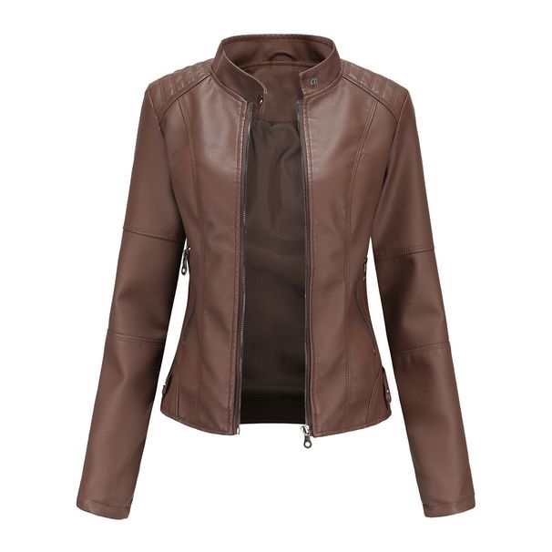 Women's slim jacket Jacket Women's biker jacket large size standing collar leather jacket_ecoleips.com