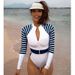 Aria Basics New Long-sleeve Surfing Suit For Women, Striped Swimsuit, Diving Suit, Color-blocked Swimwear, Cross-border European And_ecoleips.com
