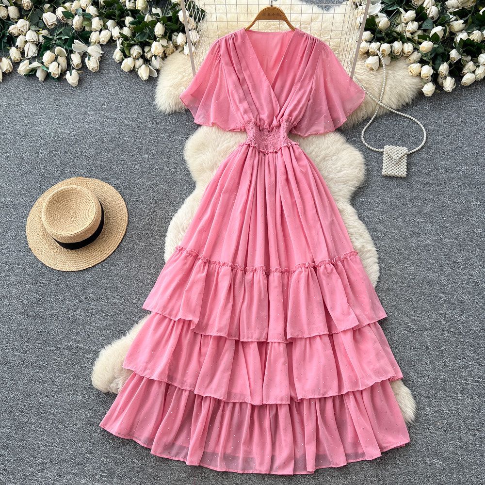 Elegant Red Polka Dot Dress for Women French Style V Neck Slimming A-Line Cake Skirt Summer Dopamine Effect_ecoleips.com