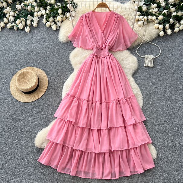 Elegant Red Polka Dot Dress for Women French Style V Neck Slimming A-Line Cake Skirt Summer Dopamine Effect_ecoleips.com