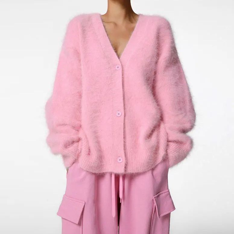 Women's V-Neck Cardigan Sweater Faux Mink Knit Open Front Coat, Oversized Loose Long Sleeve Soft Fall Winter Outerwear, Cozy Chic Casual Office Wear_ecoleips.com
