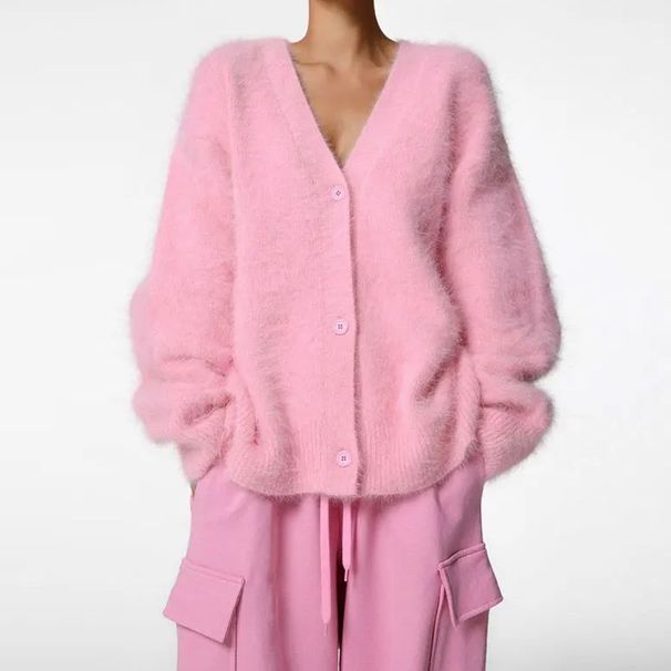 Women's V-Neck Cardigan Sweater Faux Mink Knit Open Front Coat, Oversized Loose Long Sleeve Soft Fall Winter Outerwear, Cozy Chic Casual Office Wear_ecoleips.com