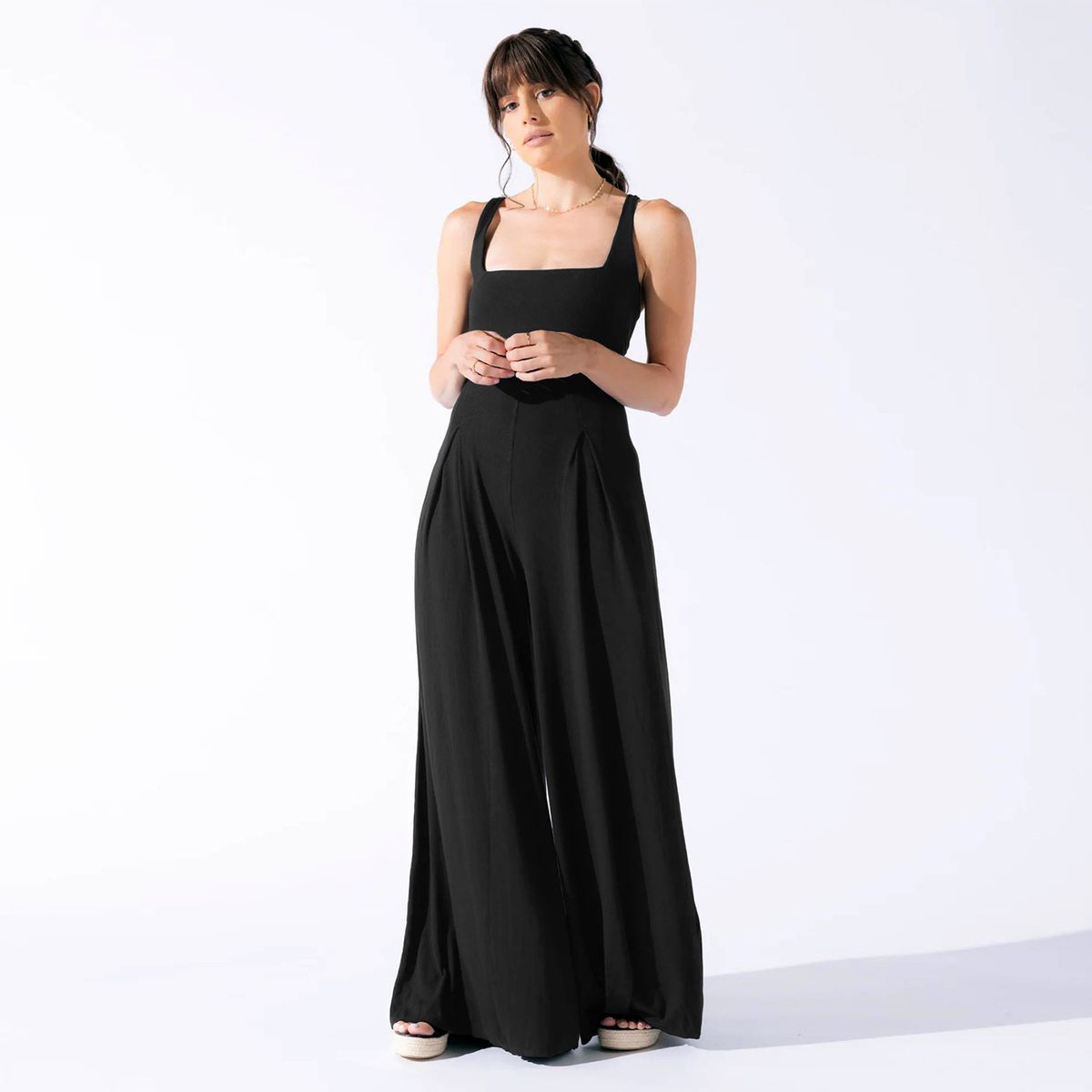 Women's High-Waisted Wide-Leg Jumpsuit - Solid Color Casual & Office Romper With Pockets_ecoleips.com