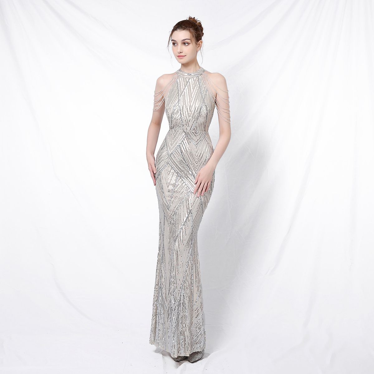 Women's clothing banquet style elegant long halterneck sequined socialite cool aura queen fishtail evening dress_ecoleips.com
