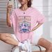 Women's Casual Loose T-Shirt round Neck Short Sleeve Guitar Letter Print Simple Sports Top_ecoleips.com