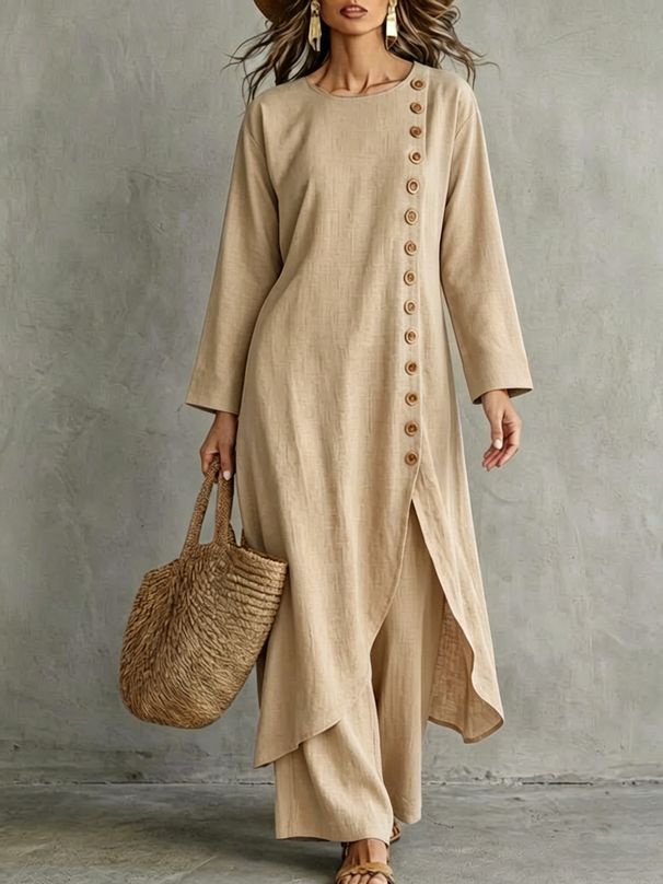 Women's Casual Linen Two Piece Set Long Irregular Top With Single Breasted Design European And American Style_ecoleips.com