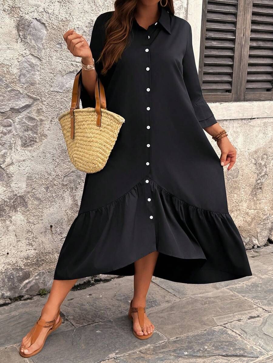 Women's Pure Black Button Down Shirt Collar Dress Casual Loose Full Skirt Autumn Middle East Style_ecoleips.com