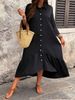 Women's Pure Black Button Down Shirt Collar Dress Casual Loose Full Skirt Autumn Middle East Style_ecoleips.com