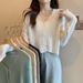 White Long-sleeved Sun-protective Cardigan, Slim-fit Short Outer Top, Thin Ruffled V-neck Knit Sweater For Women_ecoleips.com