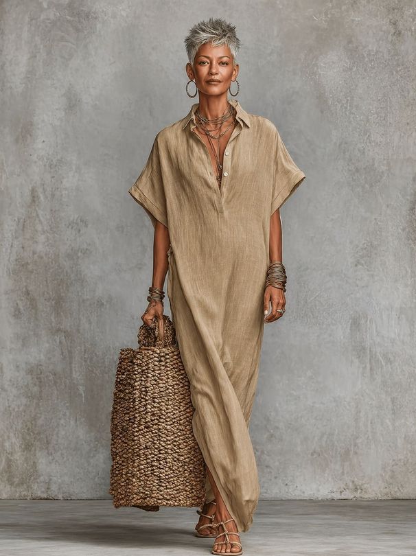 Women's Loose Fit Batwing Sleeve Polo Neck Maxi Dress – Casual Minimalist Spring Summer Gown 2026_ecoleips.com