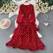 Women's Sweet Polka Dot V-Neck Long Sleeve Dress Summer Elegant Slimming Fluffy Cake Skirt Gentle Vacation Look_ecoleips.com