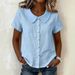 Women's Solid Color Peter Pan Collar Shirt Casual Loose Cotton Linen Short Sleeve Summer Blouse Independent Website European American Style_ecoleips.com