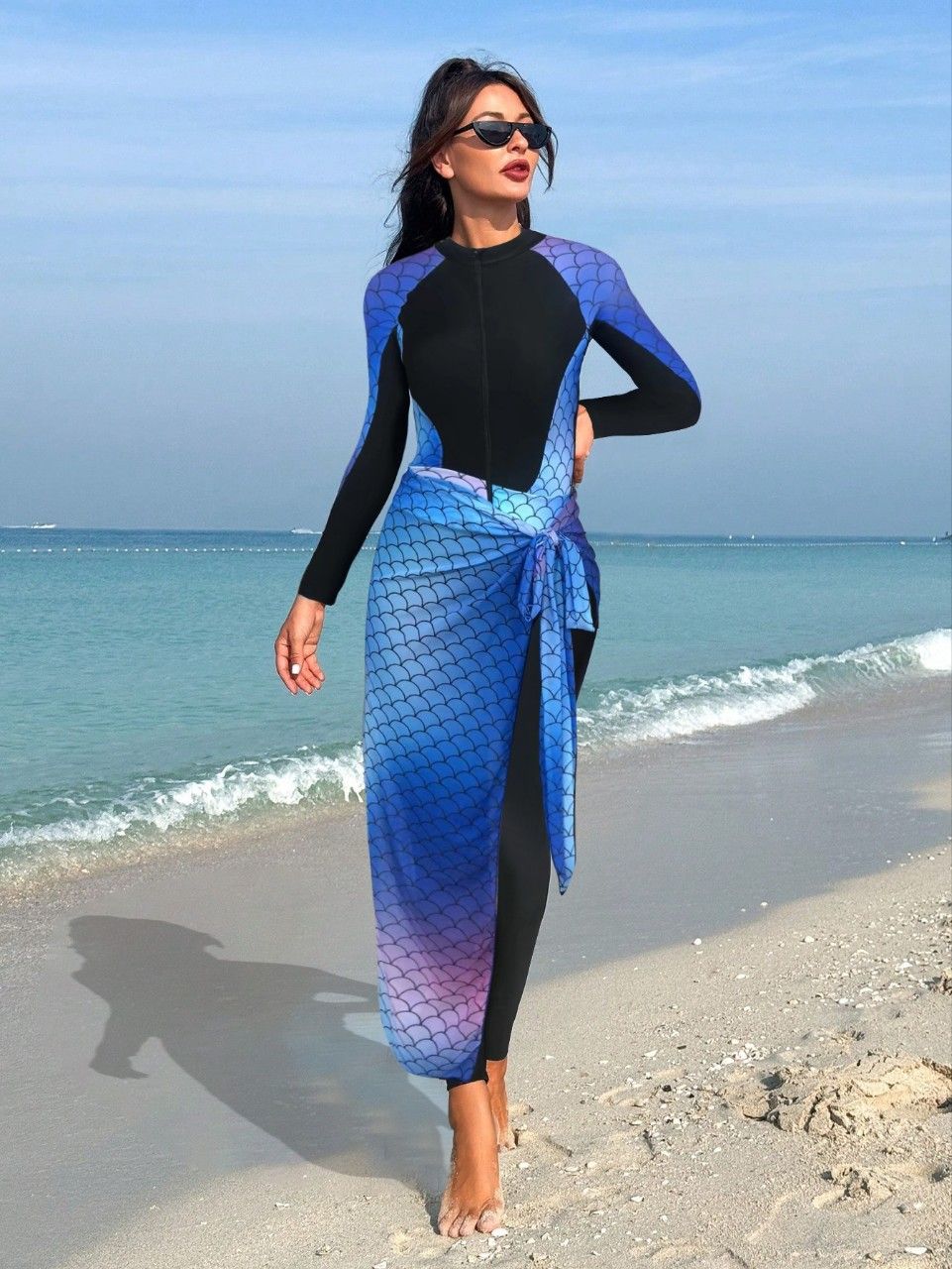 Women's Long Sleeve Monokini Swimsuit Southeast Asia Style High Waist Floral Gradient Tight Fit Surfing And Diving Suit Polyester_ecoleips.com