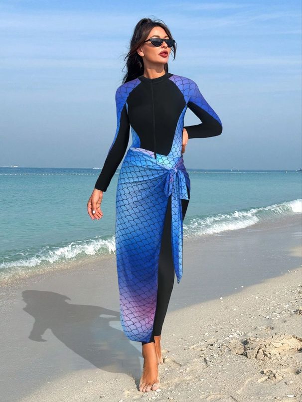 Women's Long Sleeve Monokini Swimsuit Southeast Asia Style High Waist Floral Gradient Tight Fit Surfing And Diving Suit Polyester_ecoleips.com
