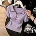 Women's Korean Style Purple V-Neck T-Shirt Short Sleeved Collared Knitted Cropped Top Summer New Arrival_ecoleips.com
