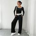 Women's Casual Two-Piece Set – High-Waisted Wide-Leg Pants & Comfortable Color-Block Top, Stretchy Lounge Outfit For Everyday Chic_ecoleips.com