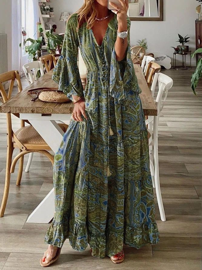 Women's Bohemian Style Long Skirt Dress V Neck Trumpet Sleeve Printed High Waist Floral Vacation Gown_ecoleips.com