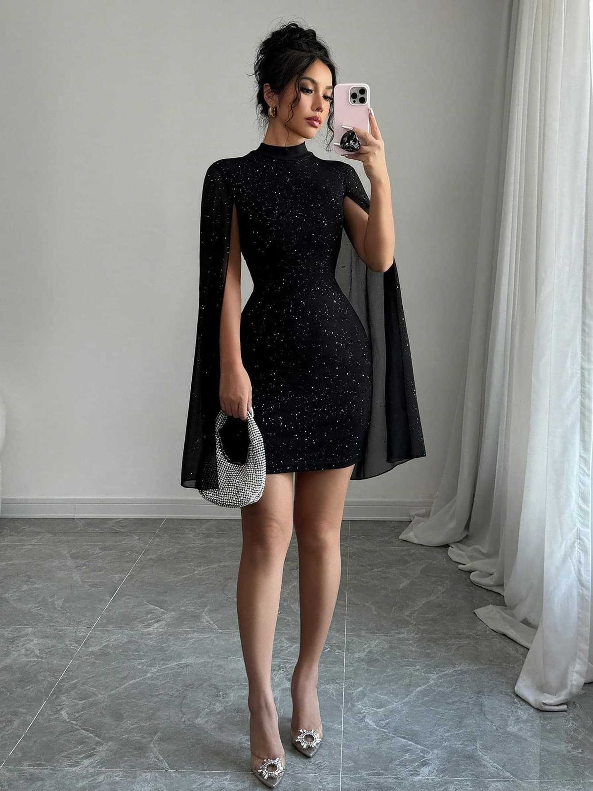 Women's Clothing Women's Shiny Print High Collar Lantern Sleeve Tight Dress Sexy Hot Girl Party Hip Skirt_ecoleips.com