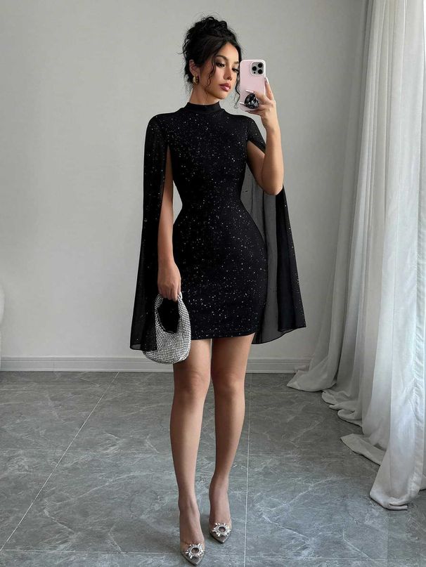 Women's Clothing Women's Shiny Print High Collar Lantern Sleeve Tight Dress Sexy Hot Girl Party Hip Skirt_ecoleips.com