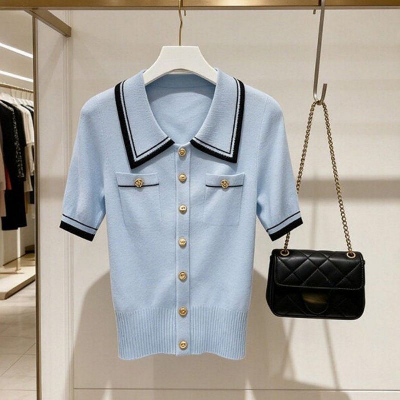 Women's Blue Collared Short Sleeved T-Shirt Color Block Knitwear Elegant Top For Spring/Summer_ecoleips.com