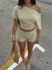 Women's Casual Slim Fit T-Shirt And High-Waisted Shorts Set Off-Shoulder Short Sleeve Style Home Wear_ecoleips.com