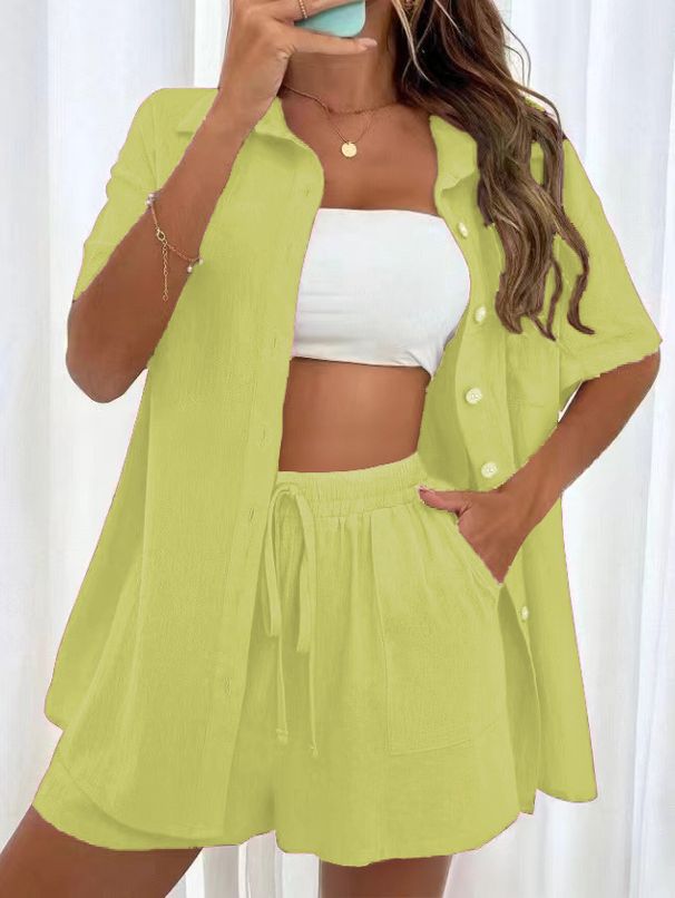 Women's Clothing Fashion Shorts Two Piece Solid Color Shirt Suit Women's Casual Loose Short Sleeved Single Row_ecoleips.com