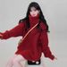 girl Christmas Red Turtleneck Knitted Sweater Scarf Two-Piece Set For Women Autumn Winter High-End Lazy Thickened Outerwear_ecoleips.com