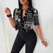 Fashion Newspaper Printed Single Breasted V Neck Shirt Women's Shirt_ecoleips.com