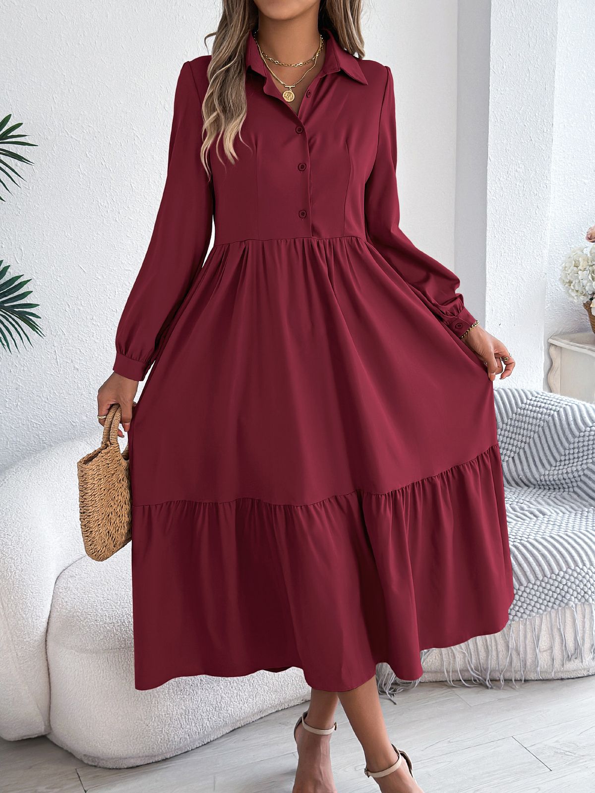 Real Shot Of 2026 Spring/summer European And American Style Casual Loose Long-sleeve Ruffle Shirt Dress,_ecoleips.com