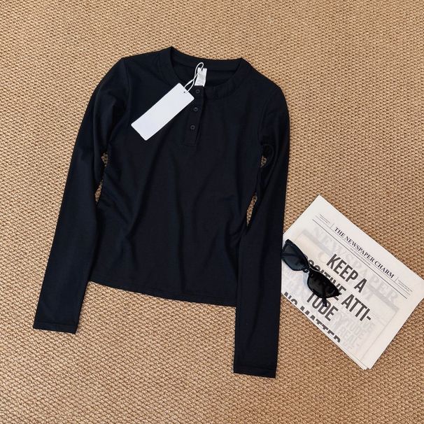 Women's Clothing Slim Fit Long Sleeve T-Shirt Henley Collar Solid Color Inner Layer Top Early Spring Style Flattering Shoulder Half Open Collar_ecoleips.com