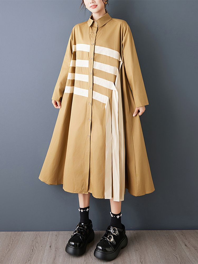Patchwork Contrast Color Oversized Shirt Dresses For Women New Long Sleeve Loose Casual Vintage Dress Clothes Spring Autumn 2026_ecoleips.com