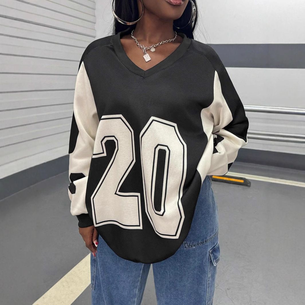 Women's American Style Patchwork Loose Fitting Jersey V Neck Color Blocking Casual Long Sleeve Sweatshirt Street Style Sexy Versatile_ecoleips.com