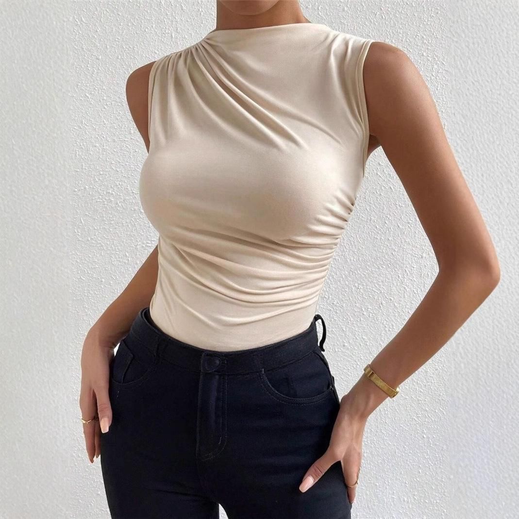 Women Sleeveless Pleated Top Semi High Neck Slim Fit Tank Apricot Solid Color Stretch Polyester Breathable Vest For Office Work_ecoleips.com