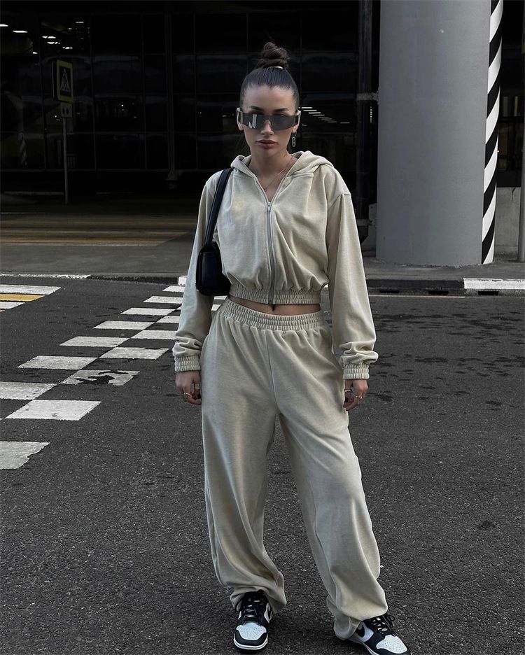 2025 Casual Women Street Style Sleeve Hooded Cardigan Elastic Long Pants Two Piece Set_ecoleips.com