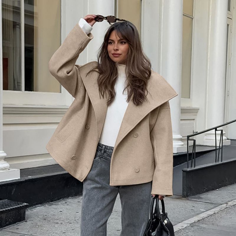 Khaki Woolen Coat Women's Autumn Thickened Double-Breasted Woolen Coat High-End Women's Clothing_ecoleips.com