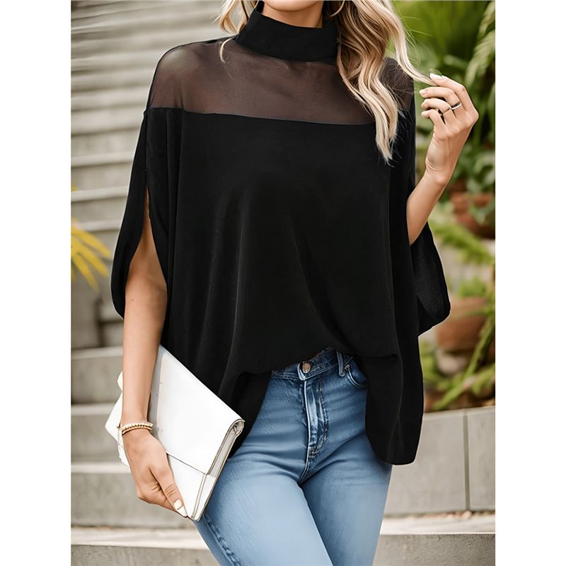 Women's Fashion Mesh Off-Shoulder T-Shirt Batwing Sleeve High Neck Top Spring Autumn New Style_ecoleips.com