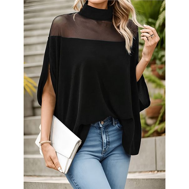 Women's Fashion Mesh Off-Shoulder T-Shirt Batwing Sleeve High Neck Top Spring Autumn New Style_ecoleips.com