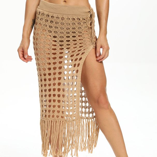 Sexy Hollow Knit Dress European And American Style See Through Slit Tassel Mini Skirt Beach Cover Up Vacation Dress_ecoleips.com