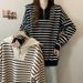 European American Style Spring And Autumn Navy Collar Casual Sweatshirt For Women, Striped Shirt, Plus Size, Unique_ecoleips.com