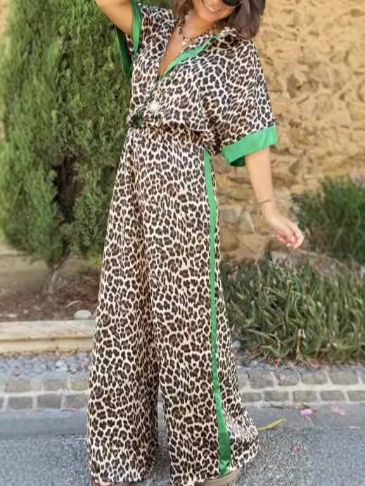 Women's Clothing Women's Casual Leopard Print Contrast Edge Cardigan Metal Button Top Suit_ecoleips.com