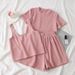 Women's Waffle Knit Short Sleeve T-Shirt & Wide Leg Shorts 3-Piece Set - Casual Loungewear Outfit_ecoleips.com
