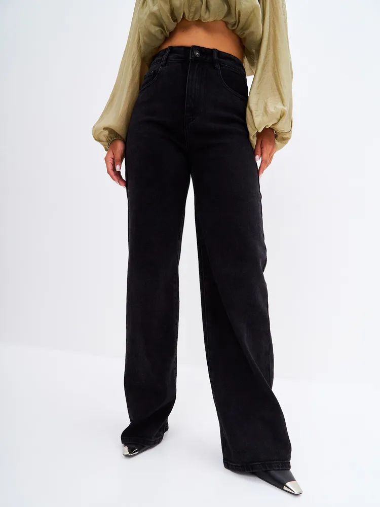Women's Wide-Leg Denim Pants - High Waist Flowy Trousers, Classic Black, Comfortable Cotton Blend For Office & Casual (Sizes 25-32)_ecoleips.com