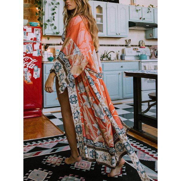 Women's Cotton Kimono Cover Up Beach Dress - Lightweight Sun Protection Long Robe With Crane Print, Bikini Wrap, Vacation Loungewear_ecoleips.com