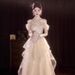 Elegant Long Evening Dress Champagne Colored Halter Neck Style for Emcees Students Coming of Age Ceremonies with Ethereal Tulle Skirt Women's Party Wear_ecoleips.com