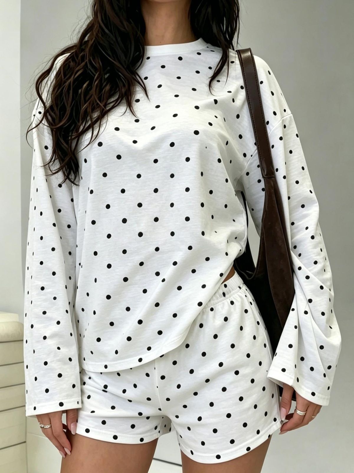 Women’s Polka Dot 2 Piece Set Long Sleeve Top Elastic Waist Shorts Matching Outfit Casual Lounge Wear Summer Homewear Set_ecoleips.com
