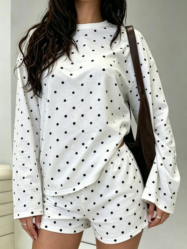 Women’s Polka Dot 2 Piece Set Long Sleeve Top Elastic Waist Shorts Matching Outfit Casual Lounge Wear Summer Homewear Set_ecoleips.com