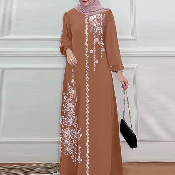 Long Sleeve Islamic Long Robes Abaya Women Muslim Fashion O Neck Casual Vestidos Loose Turkey Floral Printing Maxi Dress_ecoleips.com