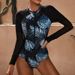 Women's One Piece Swimsuit European American Style Long Sleeved round Neck Mesh Patchwork Printed Zipper Triangle Surfing Suit_ecoleips.com