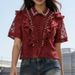 Korean Style Heavy Duty Ruffled Lace Blouse Rhinestone Embellished Slim Fit Single Breasted Hollowed Out Design Women's Top_ecoleips.com